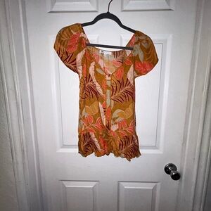 DR2 (Nordstrom) Floral Short Sleeve Peasant Top in Mustard and Coral